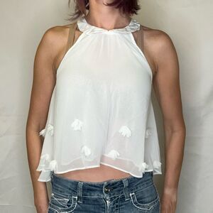Women's Free People Ivory Crop Tank XS Sheer 3D Floral Summer Top